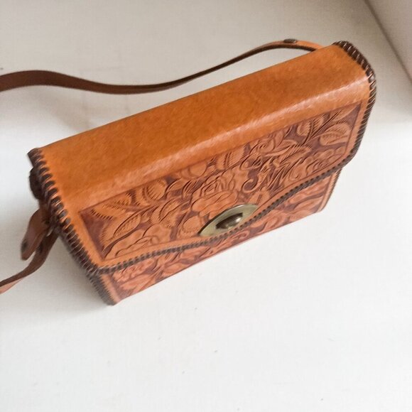 Vintage Leather Hand Tooled Floral Leaf Print Custom Made Structure Shoulder Bag - Picture 5 of 11